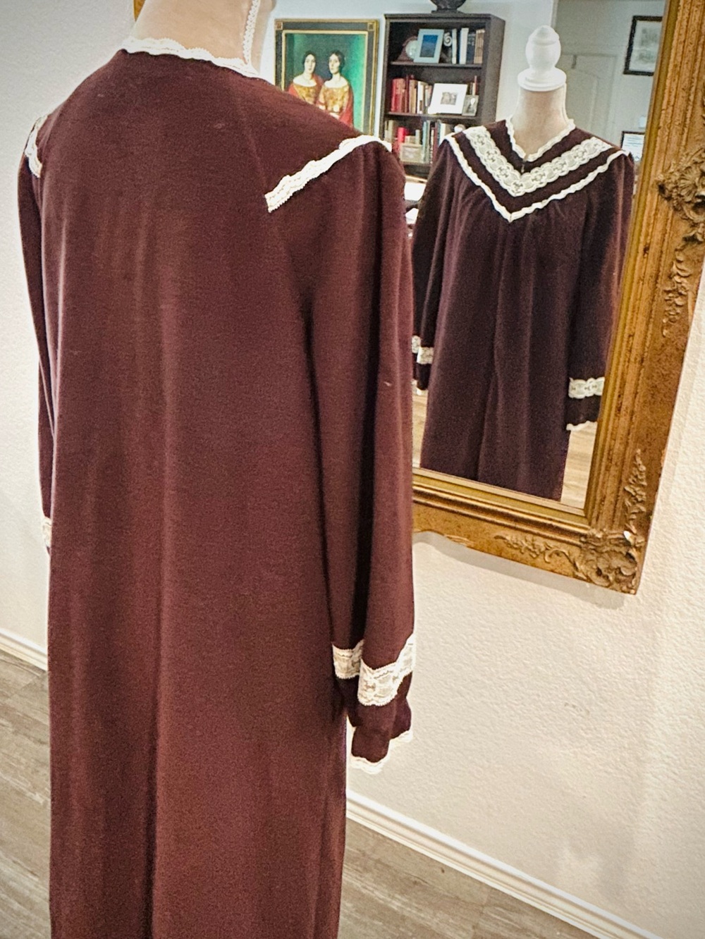 Vintage Grannycore Brown Maxi Length Zip Front House Coat Robe Lace Trim Sz M - Picture 4 of 8